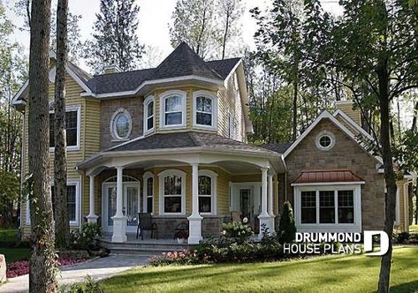 House plan W2896 by drummondhouseplans.com Turret House Plans, Corner Garden Tub, Victorian House Colors, Renovation Plan, Victorian House Plan, Three Family, Victorian House Plans, Corner Garden, Lots Of Windows