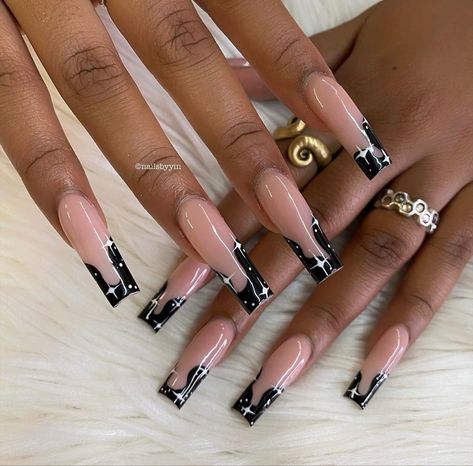 Simple French Nail Designs, Black French Acrylic Nails, Black Matte Nails With Design, Square Nails With Rhinestones, Black Goth Nails, Black French Tip Nails With Design, Black And White French Tips, Black French Tip Nail Designs, Different Nails