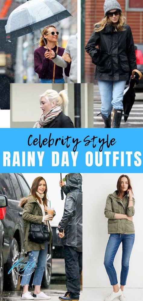 The perfect celebrity style rainy day outfits. Even our favorite celebs don't want to get wet and they look chic trying to stay dry. Here's how to get their looks!#style #fashion #celebritystyle #springfashion #streetstyle #over40style #experttips #looksforless #styletips #fountainof30 Womens Rainy Day Outfits Casual, Rainy Lake Day Outfit, Outdoor Rainy Day Outfit, Rainy Day Fashion Street Style, Rainy Day Sightseeing Outfit, Cold Rainy Day Outfit Winter Work, 65 Degree Rainy Day Outfit, Chic Rainy Day Outfit Fall, Rainy Day Jeans Outfit Work