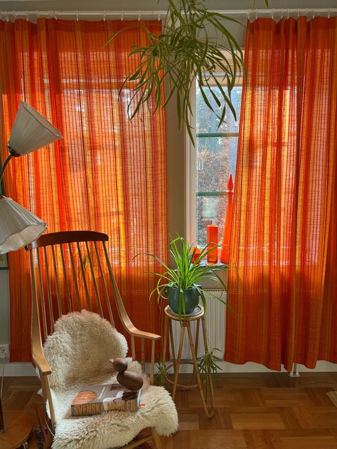 Bedroom With Orange Curtains, Colourful Sheer Curtains, Curtains Instead Of Blinds, Burnt Orange Sheer Curtains, 70s Vintage Home Decor, Cool Curtains Living Room, 70 Home Decor, 70s Curtains Living Room, Orange Curtains Aesthetic