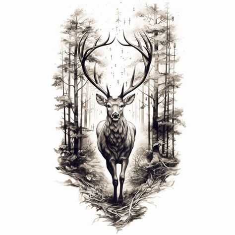 Deer Tattoo Men Arm, Whitetail Deer Tattoo, Deer Tattoo Design, Stag Tattoo Design, Hirsch Tattoo Frau, Deer Tattoos, Deer Head Tattoo, Elk Tattoo, Scottish Tattoos