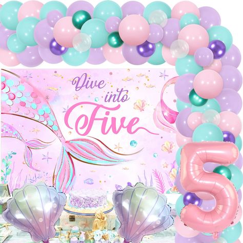 PRICES MAY VARY. What you receive: Our one stop dive into five 5th birthday party decorations contain 45 x macaron balloons 12 inches(15*pink, 15*purple, 15*blue), 18 x macaron balloons 5 inches(6*pink, 6*purple, 6*blue), 12 x balloons 5 inches(5*green, 5*purple, 5*clear), 1 x dive into five backdrop 4.92*3.28ft, 1 x number 5 foil balloon 32inch, 2 x pearl shell foil balloons 20.1*20.1 inches, 1 x 110 holes balloon chain 16.4ft and 1 x 100 rolls of double-sided adhesive dots. Mermaid 5th birthda 5 Th Birthday Girl Theme, 5yrs Old Girl Birthday Party Ideas, Five Year Old Birthday Party Ideas Girl, Dive Into Five Birthday Girl, Dive Into 5 Birthday Party, Fifth Birthday Party Ideas Girl, Girl 5th Birthday Party Themes, 5th Birthday Party Ideas Girl, Girls 5th Birthday Party Ideas