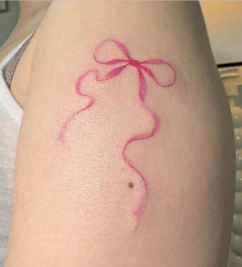 pink bow tattoo Pink Tattoo Ink, Pink Bow Tattoos, Pearl Tattoo, Blood Tattoo, Pink Tattoo, Bts Tattoos, Wicked Tattoos, Bow Tattoo, Cat Tattoo Designs