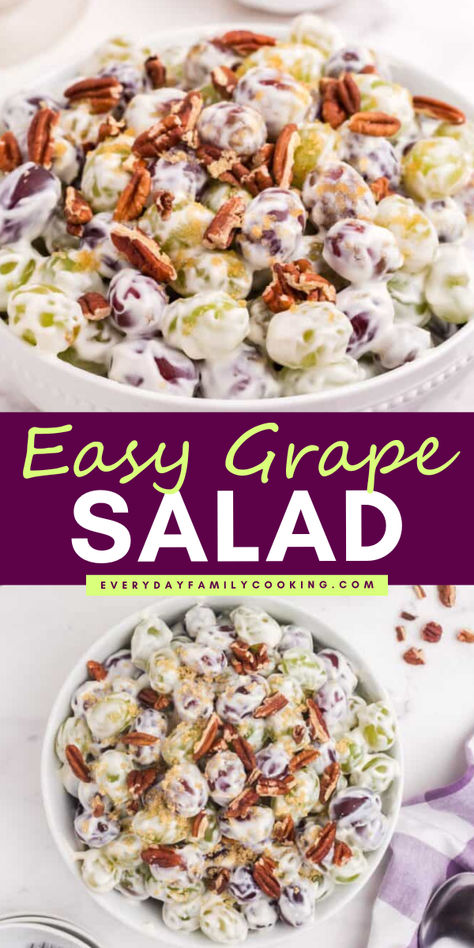 Level up your BBQ party with this amazing BBQ side dish! This easy grape salad recipe requires just 25 minutes of your time. Simply toss, mix, and chill for a refreshing treat. Don't wait – try this recipe now and impress your guests! Easy Grape Salad Recipes, Sides For Subs, Grape Salad With Yogurt, Grape Pasta Salad, Easy Grape Salad, Grape Salad Recipe, Bbq Side Dish, Easy Fruit Salad Recipes, Quick Family Dinners