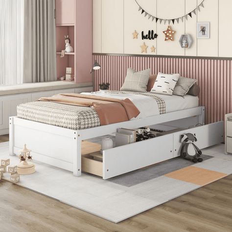 Twin Size Bed Frame with 2 Storage Drawers, Wood Single Platform Bed No Headboard, Twin Bed for Kids Teens Adults (White) - Walmart.com Platform Bed No Headboard, Single Platform Bed, Bed No Headboard, Twin Bed With Drawers, Platform Bed Twin, No Headboard, Kids Platform Bed, Twin Storage Bed, Kids Twin Bed