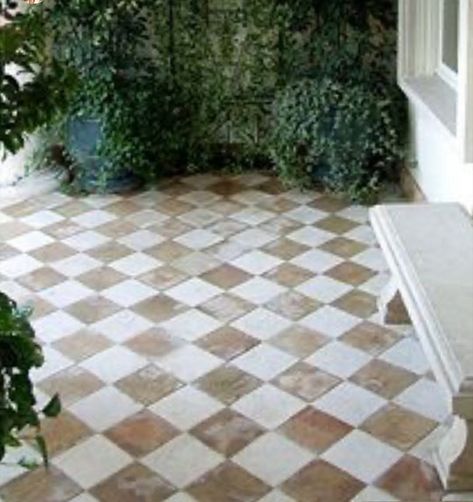 Spanish Colonial Farmhouse, Simple Tile Floor, Concrete Checkered Floor, Tile Floor Stencil Ideas, Tile Floor Aesthetic, Aesthetic Floor Tiles, Terazzo Floor Tiles, Tiled Sunroom, Sunroom Tile