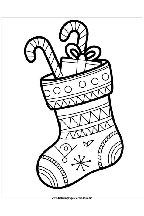 A decorated Christmas stocking with candy canes and a gift, ideal for December-themed coloring.