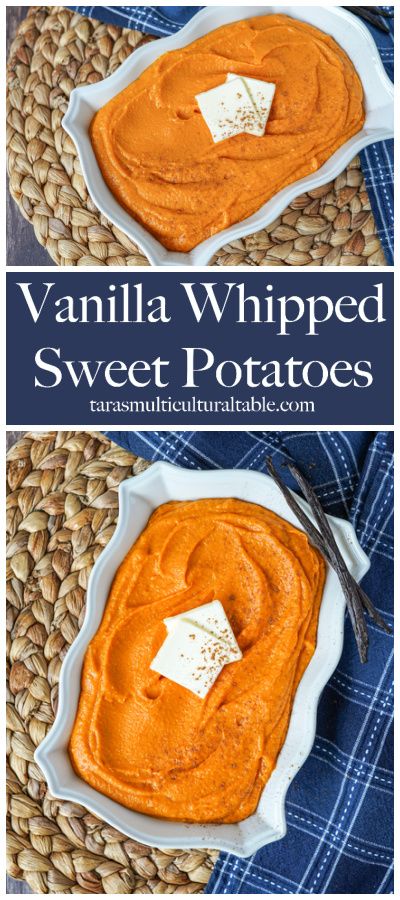 A recipe for Vanilla Whipped Sweet Potatoes- Tara's Multicultural Table- Roasted sweet potatoes are pureed until smooth and blended with a vanilla-scented cream to create a light and pillowy texture. Creamed Sweet Potatoes, Whipped Yams Recipe, Whipped Sweet Potato Recipes, Breakfast Plating, Sweet Potatoes Roasted, Whipped Sweet Potatoes, Vanilla Desserts, Traditional Thanksgiving Recipes, Vegetarian Thanksgiving Recipes