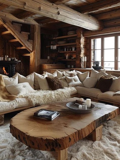 Log Homes | 😍😍 | Facebook Log Cabin Vibes, Luxury Cabin Living Room, Feminine Cabin Decor, Luxury Log Cabin Interior, Rustic Ski Lodge Decor, Boho Log Cabin, Log Home Interior Design, Log Home Living Room, Log Cabin Living Room