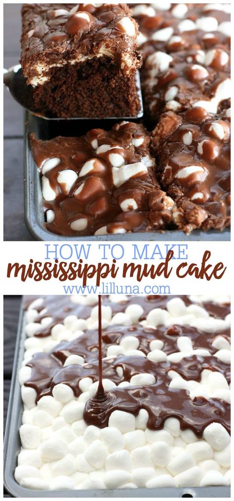 You'll love this homemade chocolate cake topped with melted marshmallows and warm chocolate frosting. #mississippimudcakerecipe #mississippimudcake #mudcakerecipe #mudcake #chocolatecake Missippi Mud Cake Easy, Cake Mix Desserts Chocolate, Dessert Using Chocolate Cake Mix Boxes, Chocolate Cake Topping Ideas, Mississippi Mud Cake With Box Cake, Chocolate Cake With Marshmallows, Chocolate Cake Mix Desserts, Chocolate Marshmallow Cake, Chocolate Cake Mix Recipes