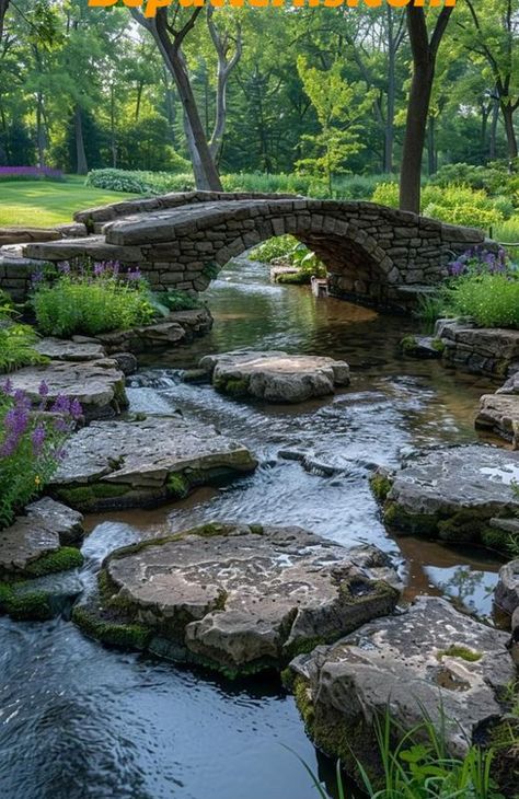 Backyard River Ideas, Garden Ponds With Waterfalls, Backyard Pond Landscaping, Natural Water Features, Backyard Streams, Rainy Backyard, Garden Bridge Design, Stream Elements, Backyard Bridges