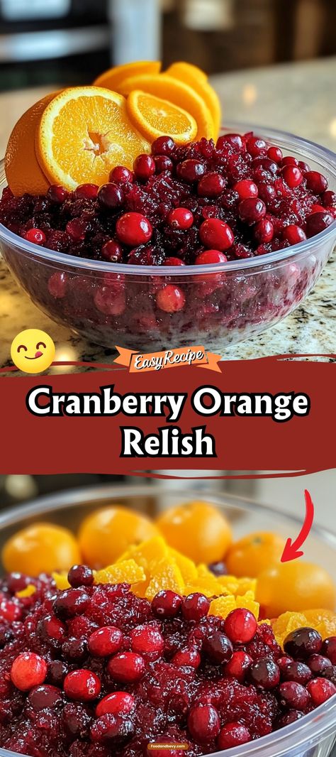 Cranberry Orange Relish is a vibrant and tangy accompaniment that brings a burst of citrusy sweetness to your meals. Made with fresh cranberries and zesty orange, this relish is a festive addition to holiday tables or a refreshing twist to everyday meals. #CranberryRelish #HolidayCooking #FestiveFlavors Fresh Cranberry Relish With Oranges, Cranberries With Orange Juice, Cooked Cranberry Relish, Ocean Spray Cranberry Relish, Cranberry And Orange Relish, Easy Cranberry Orange Sauce, Copycat Mcalisters Orange Cranberry Club, Orange Cranberry Relish Recipes, Cranberry Orange Walnut Relish