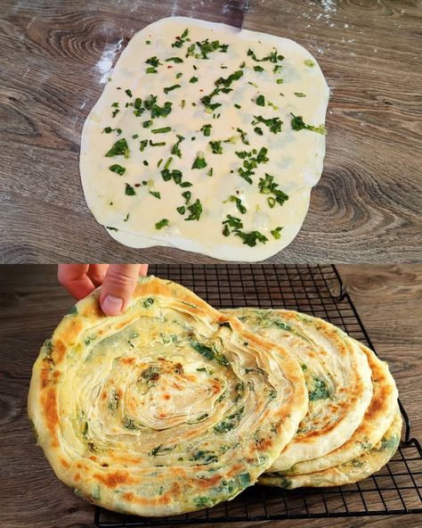 Layered Flatbread with Spinach and Green Onion Filling - Greenku Recipes Norwegian Flatbread Recipes, Mediterranean Spinach Recipes, Flat Bread Sandwich Ideas, No Fat Recipes, Spinach Biscuits, Flatbread Ideas, Scallion Bread, Avocado Flatbread, Spinach Pastry