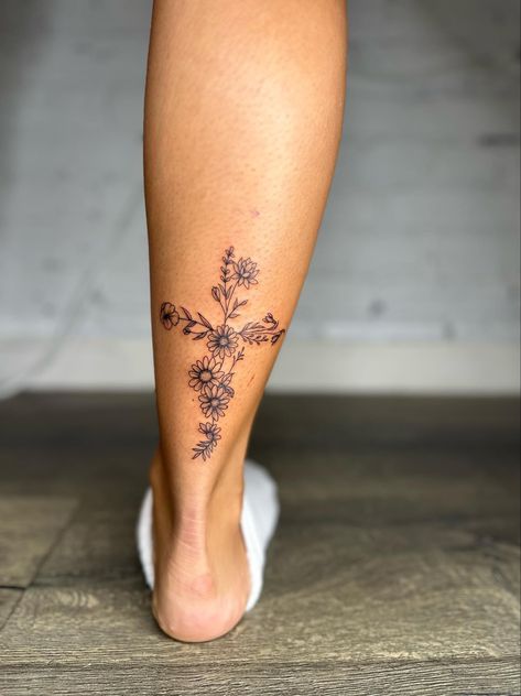 Christian Thigh Tattoo Women, Cross Ankle Tattoo, Ankle Tattoo Cross, Floral Cross Tattoo, Achilles Tattoo, Tattoo Cross, Sister Tat, Christian Tattoo, Verse Tattoos