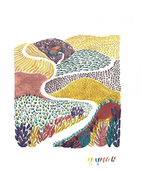 Inspired by holidays venturing through the colorful hills of Tuscany.  The sunny hilltops, sinuous paths through the meadows and the delicious smells of summer.  Original watercolor & pencil illustration by Isabelle.   #landscapeillustration #print #printdesign #colorfullandscape #italianinspiration #campanatoscana #tuscany #watercolorillustration #homeprint Pencil Watercolor Drawing, Smell Illustration, Paths Illustration, Tuscany Illustration, Watercolor Pencil Drawings, Hills Drawing, Abstract Colored Pencil, Watercolor Paintings Ideas, Hills Illustration