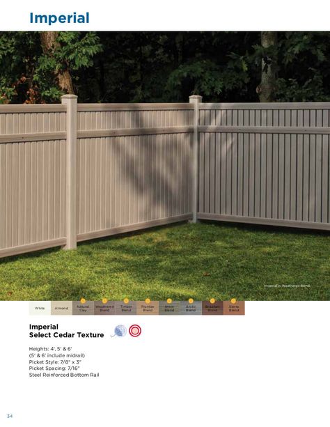 Millbrook Semi-Private Vinyl Fence: avinylfence.com Backyard Fence Colors, Backyard Vinyl Fence Ideas, Two Tone Vinyl Fence, Vinyl Fence Colors, Tan Vinyl Fence, Wood Look Vinyl Fence, Brown Vinyl Fence, Wood Grain Vinyl Fence, Vinyl Picket Fence