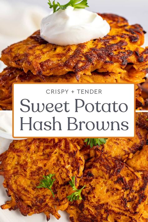 Sweet potato hash browns are one of my favorite ways to use these tasty potatoes! Perfect for breakfast, brunch, or dinner, these delicious potato patties are fried to crisp perfection, then baked for a tender interior. Sweet Potato Hash Recipe, Sweet Potato Hash Browns, Hash Brown Patties, Sweet Potato Patties, Gluten Free Sweet Potato, Potato Patties, Hashbrown Recipes, Potato Hash, Sweet Potato Breakfast