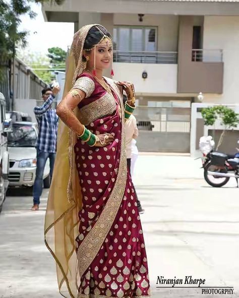 Marathi Wedding Shalu Saree, Shalu Saree Maharashtrian For Bride, Shalu Saree Maharashtrian, Shalu Saree, Saree Maharashtrian, Wedding Lehangas, Shadi Ideas, Plain Saree With Heavy Blouse, Maharashtrian Bride