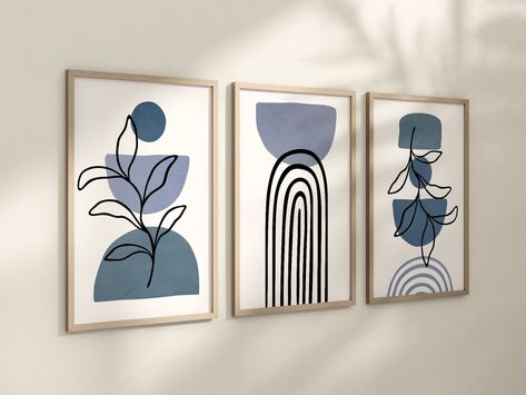 "Set of 3 Boho Abstract Wall Art Prints, Boho Wall Decor Set of 3 Art Prints, Leaf Geometric Art, Minimalist Wall Art, Navy Blue PLEASE READ FULL DESCRIPTION BEFORE PURCHASING Product description: * You will receive 3 vibrant, premium prints (5x7\",8x10\",11x14\", OR 16x20\"). Our (5x7\",8x10\",11x14\") art is printed on metallic pearl cardstock giving it a beautiful subtle shine! All 16x20\" prints are printed on a premium, archival fine art stock (not metallic pearl due to size constraints).      Frames are NOT included." 3 Wall Painting Set, 3 Paintings On Wall, Blue Boho Painting, 3 Piece Wall Art Diy, Minimalist Painting Set Of 3, 3 Set Paintings Wall Art, Abstract Art Navy, Boho Wall Art Blue, Blue Boho Art