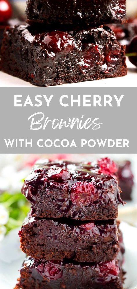 Looking for an easy homemade brownies recipe with fresh cherries? Try my Cherry Brownies with Cocoa Powder and fresh cherries - they are a decadent treat for brownie lovers that combines dessert and post-dinner drinks! Simple and easy gooey  fudgey brownies that are made from scratch and that are a sweet treat ideal as a summer dessert, for the holidays or Valentine’s Day. No nuts, no chocolate! Cherry Brownies Recipe, Brownies With Cocoa Powder, Homemade Brownies Recipe, Easy Homemade Brownies, Cocoa Powder Brownies, Homemade Brownies Easy, Cherry Brownies, Cocoa Powder Recipes, Brownies Recipe Homemade