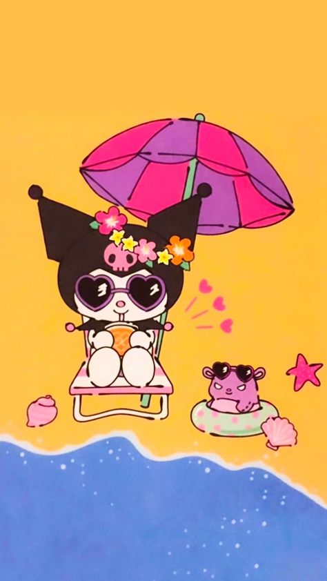 Kuromi Summer Wallpaper, Hawaii Kuromi, Kuromi Summer, Cute Backgrounds Aesthetic, Sanrio Summer, Summer Wallpaper Iphone, Kawaii Background, Hello Kitty Aesthetic, Backgrounds Aesthetic