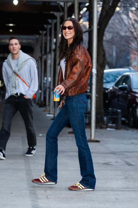 Bella Hadid Strolled Around NYC in These Cute Retro Adidas Sneakers — Here’s Where to Find Them on Sale | Teen Vogue Adidas Sneakers Outfit, Brown Trainers, Bella Hadid Street Style, Adidas Sl 72, Retro Adidas, Trainers Outfit, Retro Trainers, Bella Hadid Style, Hadid Style