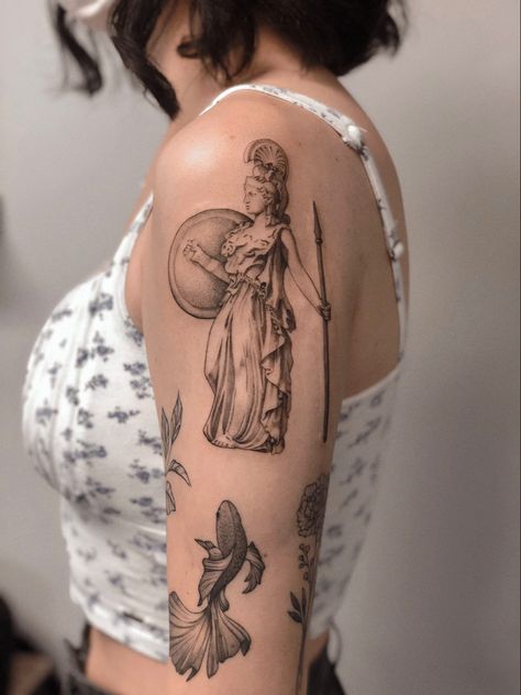 Sleeve Tattoo Pieces For Women, 9 Muses Tattoo, Athena Sculpture Tattoo, Greek Mythology Neck Tattoo, Female Greek Goddess Tattoo, Ancient Greece Tattoo Mythology, Athena Inspired Tattoos, Greek God Tattoo For Women, Minoan Tattoo