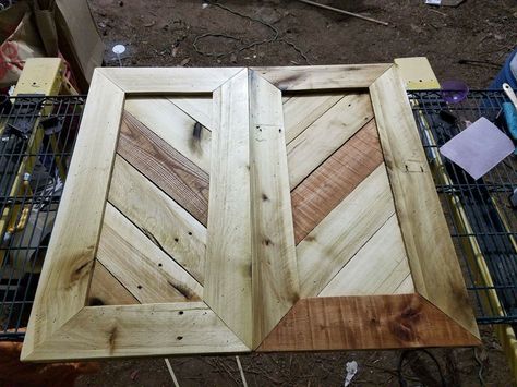 Travis made these kitchen cabinet doors from free pallet wood. They'll be the doors under our sink in our tiny house. Pallet Wood Kitchen, Making Cabinet Doors, Pallet Door, Kitchen Cabinets Doors, Pallet Cabinet, Diy Cabinet Doors, Rustic Wood Floors, Wood Cabinet Doors, Pallet Kitchen