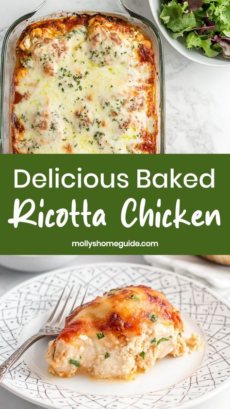 Indulge in a delicious and easy-to-make dinner with this flavorful baked ricotta chicken recipe. Tender chicken breasts topped with creamy ricotta cheese, garlic, and herbs, then baked to perfection. This dish is perfect for a cozy night in or for entertaining guests. The combination of rich ricotta and juicy chicken creates a mouthwatering experience that will have everyone asking for seconds. Elevate your weeknight dinners with this impressive yet simple dish that is sure to become a family fa Ricotta Egg Bake, Ricotta Chicken Bake, Chicken Ricotta Crockpot Recipes, Chicken And Ricotta Recipes, Ricotta Cheese Recipes Dinners, Recipes With Ricotta, Recipes With Ricotta Cheese, Ricotta Stuffed Chicken Breast, Ricotta Chicken