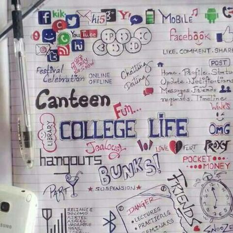 College lyf.. :* School Memories Scrapbook, School Life Memories, Doodle Art Letters, Life Sketch, Doodle Quotes, Boho Art Drawings, Simple Mehndi Designs Fingers, Dotted Notebook, Scrapbook Gift