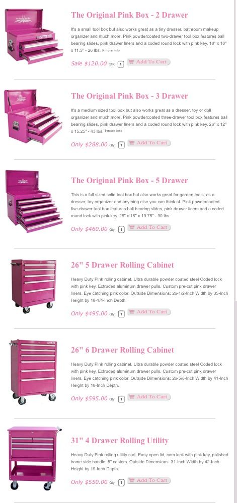 PINK TOOL BOXES! Love these! - pinksuperstore.com Pink Tool Box Salon, Organize Tool Box Drawers, Salon Color Room Organization, Pink Barbershop, Pink Garage, Pink Tool Box, Pink Tool Set, Girl Tools, Small Salon