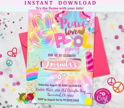 Movie Party Invitations, Tie Dye Birthday Party, Cowgirl Invitations, Movie Night Invitations, Cowboy Invitations, Pool Party Summer, Tie Dye Birthday, Rainbow Bubbles, Pool Birthday