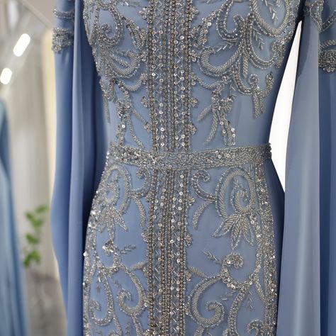 SS365 Luxury Dubai Blue Mermaid Muslim Evening Dresses with Cape Sleeves Arabic Women Wedding Engagement Party Gowns 💙💙💙 #couturedress #formaldress #wedding #guest #luxurywedding #summerwedding #couture #weddingdress #eveningdress #فساتين_زفاف #الامارات #فساتين_سهره #düğün #nişanelbisesi #bridalcouture #dreamweddingdress #bridetobe #bridalwear #مسلمون #المملكة #PartyDress #engaged Dresses With Cape Sleeves, Arabic Women, Yellow Evening Dresses, Grey Evening Dresses, Champagne Evening Dress, Muslim Evening Dresses, Gold Evening Dresses, Green Evening Dress, Lilac Wedding