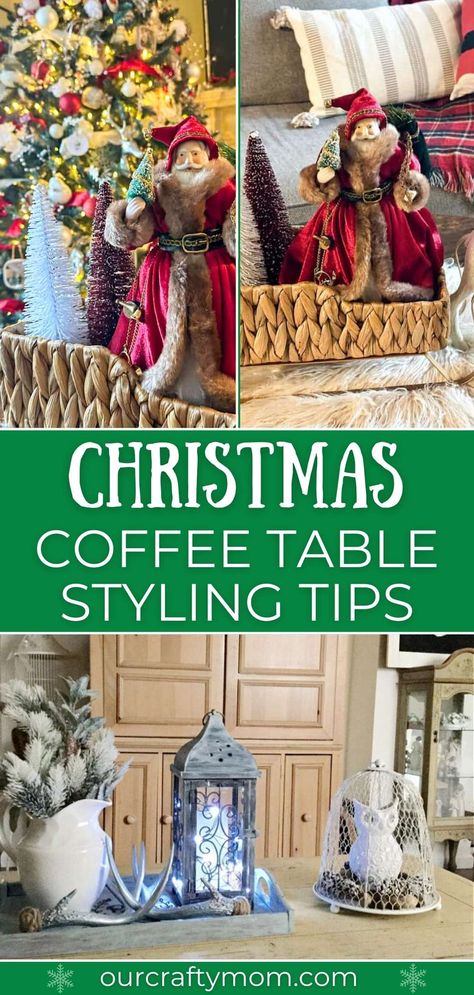 Quick and easy Christmas coffee table decor ideas that you can create on a budget. Learn these simple decorating tips for your holiday home. #ourcraftymom #coffeetabledecor #christmascoffeetabledecor #coffeetablestyling Coffee Table Christmas Decor Ideas Decorative Trays, Christmas Coffee Table Ideas, Christmas Decor Ideas For Coffee Table, Decorating Coffee Tables For Christmas, Vintage Christmas Coffee Table Decor, Christmas Decor For Coffee Tables, Christmas Coffee Table Decorations, Christmas Decor Ideas For Living Room Coffee Tables, Holiday Decorating Ideas Christmas