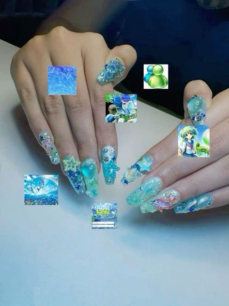 Fruitiger Aero Nails, Frutiger Aero Makeup, Frutiger Aero Fashion, Frutiger Aero Nails, Frutiger Aero Outfits, Cybercore Nails, Aero Frutiger, Nail Sunny, Aquarium Nails