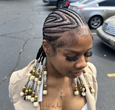 Small Cornrows With Beads, Cornrows And Beads, Freed In Braids, Corn Row Braids With Beads, Short Feed In Braids With Beads, Braids To The Back With Beads, Trendy Braided Hairstyles 2024, Straightback Cornrows Braids With Beads, Canerow Back Braids Hairstyles