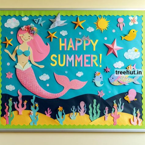 Mermaid Bulletin Board Ideas, School Bulletin Board Ideas, Summer Bulletin Board Sea Theme Bulletin Board, Sea Bulletin Board Ideas, Summer Board Ideas Preschool, Summer Boards Bulletin, Bulletin Board Ideas For Summer, Preschool Classroom Decor Themes Ideas Bulletin Boards, Summer Themed Bulletin Board Ideas, Mermaid Bulletin Board Ideas, Summer Preschool Bulletin Boards