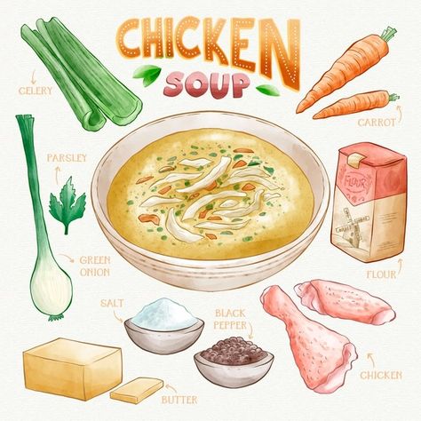 Chicken Soup Illustration, Food Recipes Drawing, Soup Watercolor, Watercolor Recipes, Soup Drawing, Food Art Drawing, Soup Illustration, Recipe Watercolor, Soup Aesthetic