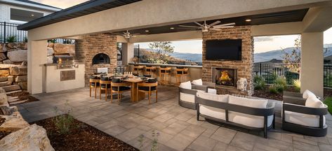 Outdoor Fireplace With Pergola, Ski Chalet Exterior, Pergola And Pool, Chalet Exterior, Creek Ideas, Luxury Outdoor Kitchen, Covered Patio Design, Outdoor Living Space Design, Dream Backyard Pool