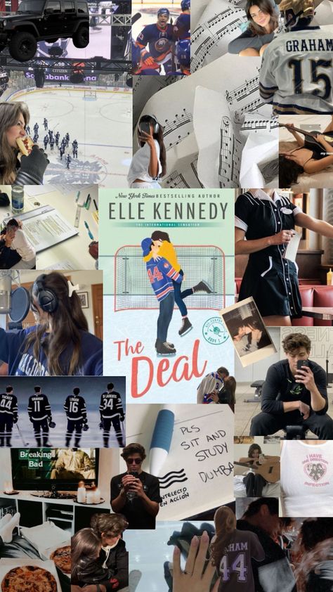 The Deal - Elle Kennedy #thedeal #ellekennedy #offcampus Sports Romance Books Aesthetic, The Deal Book Aesthetic, The Deal Aesthetic, Hockey Collage, Off Campus Series, The Do Over, Sports Romance Books, Summer Songs Playlist, Book Couples