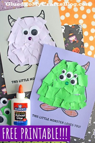 Torn Paper This Little Monster Loves You Craft - Glued To My Crafts Tear Paper Art For Preschool, Halloween Craft Preschool Art Projects, Halloween Art And Crafts For Toddlers, Zombie Preschool Craft, Prek Halloween Crafts Easy, Monster Science Preschool, Easy Halloween Art Preschool, Spooky Week Preschool, Candy Corn Monster Craft