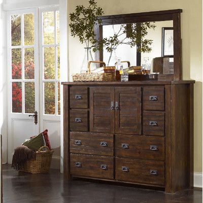 Dresser with Mirror from Wayfair Canada This dresser has a rustic look with a unique distressed finish. Home Designs Interiors, Craftsman Bedroom, Mini Dresser, Room Forest, Black Out Curtains, 80's Hair, Rustic Dresser, Brown Dresser, Pine Dresser