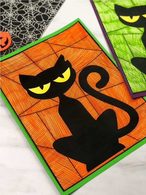 Halloween Art For Kids, Halloween Art Lessons, Strašidelný Halloween, Halloween Art Projects, Cat Template, Halloween Crafts For Toddlers, Casa Halloween, Fall Art Projects, Chat Halloween