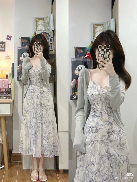 Long Dress And Cardigan Outfit Aesthetic, Modest Girly Outfits, Girls Dress Outfits, Modest Dresses Casual, Korean Fashion Dress, Obsessed With Me, Korean Girl Fashion, Floral Outfit, Ulzzang Fashion