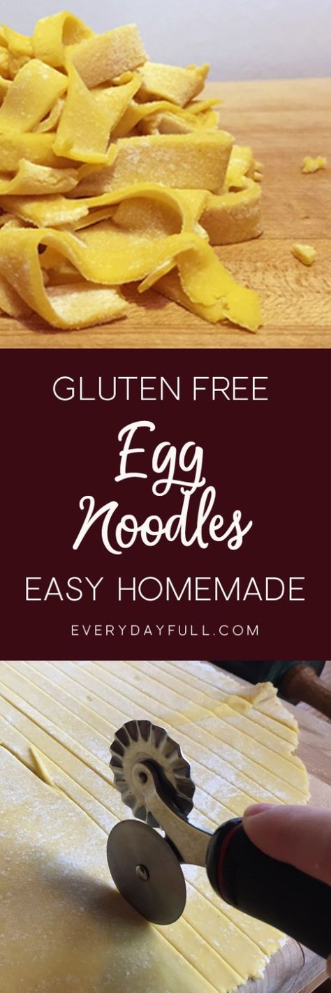 Gluten free egg noodles in a pile and gluten free egg noodle dough being cut with a pastry cutter. Pinterest Pin Gluten Free Egg Noodles, Noodles Healthy, Gf Pasta, Egg Noodle Recipes, Homemade Egg Noodles, Homemade Chicken Noodle, Gf Baking, Gluten Free Noodles, Going Gluten Free