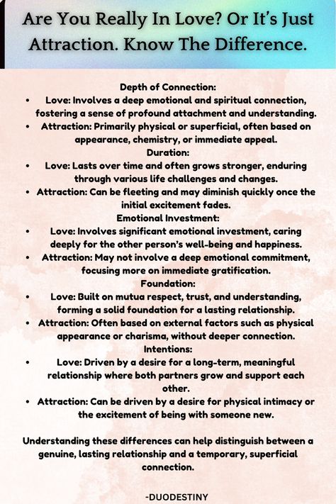 Many people confuse attraction with love, but they are distinct experiences. Learn how to differentiate between the two and understand the deeper emotional connections that define true love. #LoveVsAttraction #RelationshipAdvice #KnowTheDifference #EmotionalConnection #TrueLove #HealthyRelationships #DatingTips Meaningful Love Quotes, Train Of Thought, Love Advice, Emotional Connection, Romantic Gifts, Dating Tips, Many People, The Two, Healthy Relationships