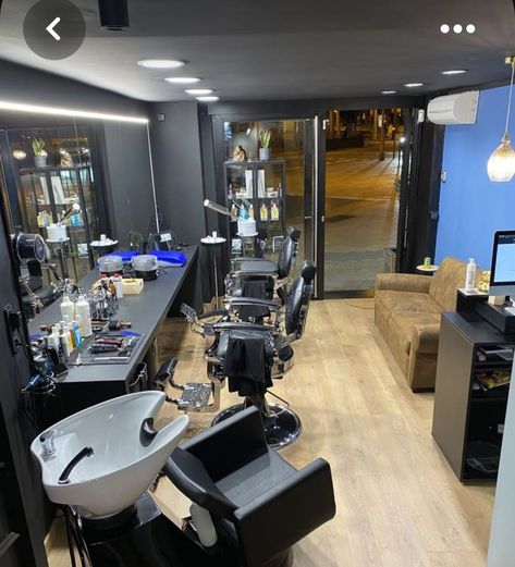 Barber Shops Interior Design, Kinyozi Interior Design, Barbar Shop Design, Barbering Shop Design, Mini Salon Ideas Modern, Small Barbershop Ideas, Barbershop Design Interior Modern, Barbershop Design Interior Small Spaces, Modern Barber Shop Ideas