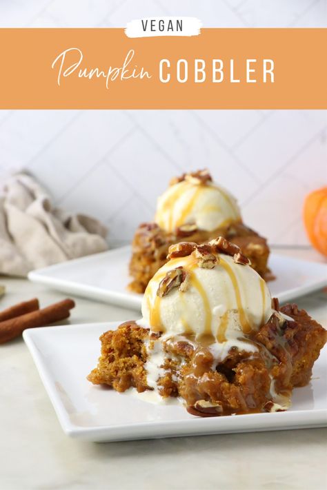 Vegan Pumpkin Cobbler - Labeless Nutrition Dairy Free Cobbler, Classic Fall Desserts, Pumpkin Cobbler, Vegan Pumpkin Pie, Coconut Oil Recipes, Coconut Caramel, Pumpkin Spice Syrup, Pumpkin Pumpkin, Pumpkin Pecan