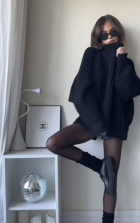 Tights And Sweater Outfit, Grey Stockings Outfit, Oversized Black Sweater Outfit, Sheer Tights Outfit Winter, Grey Tights Outfit, Tights And Shorts Outfit, Gray Tights Outfit, Outfits With Black Tights, Dress With Tights And Sneakers