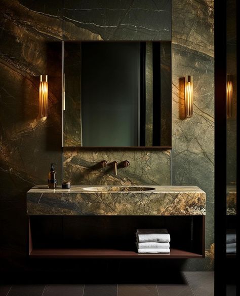 Kateryna Kulesh • interiorZING | marble and atmospheric lighting ✨ AI assisted designs by @interiorzing . . . . #cratestyle #bathroom #bathroominspo #bathroomideas... | Instagram Dark Theme Interior, Atmospheric Lighting, Concrete Effect Paint, Modern Bathroom Interior, Restroom Design, The World Of Interiors, Stone Bathroom, Industrial Bathroom, Downstairs Loo